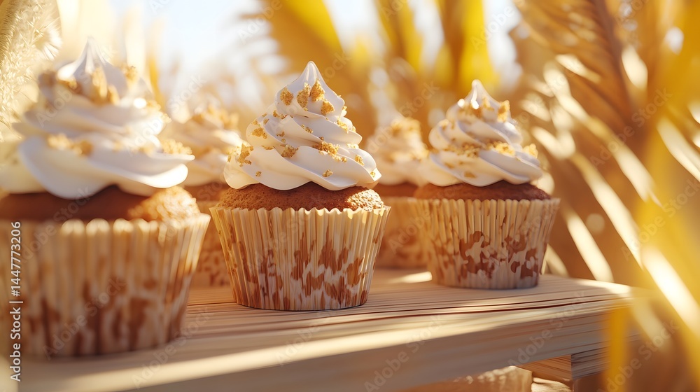 Poster artfully displayed vegan cupcakes on a shelf in stylish bamboo food boxes showcasing an array of tem