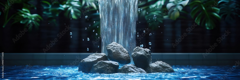 Poster 青い水と岩から流れ落ちる滝の光景 水面と葉の緑が織りなす自然の美しさ