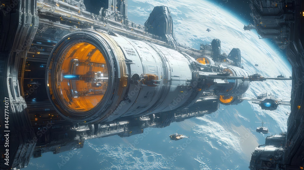 Aufkleber 宇宙空間に浮かぶ巨大宇宙船と青い地球の美しいコントラスト 未来的なsfアート 高解像度デジタルイラスト
