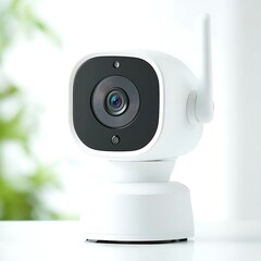 A small white camera sits on a table. It's pointed forward and has a rotating base