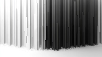 Abstract grayscale 3D rendering of vertical lines, creating a contrast between light and dark, showcasing a unique visual texture and depth.