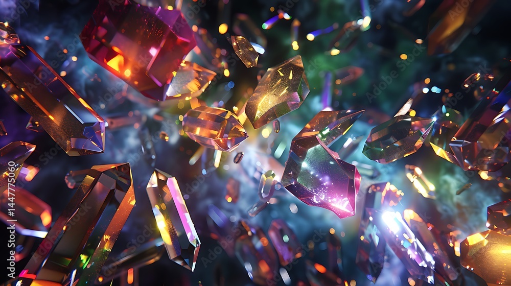 Poster abstract cosmic scene featuring colorful, sharp crystals or gemstones floating and exploding amidst 