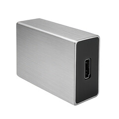 Obraz premium Modern compact rectangular silver electronic device boasting brushed metal finish and connection port on its dark front.