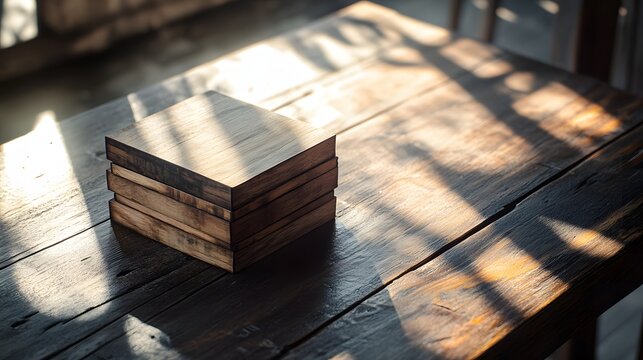 Handcrafted wooden box placed elegantly on a rustic table surrounded by natural light and texture of reclaimed wood