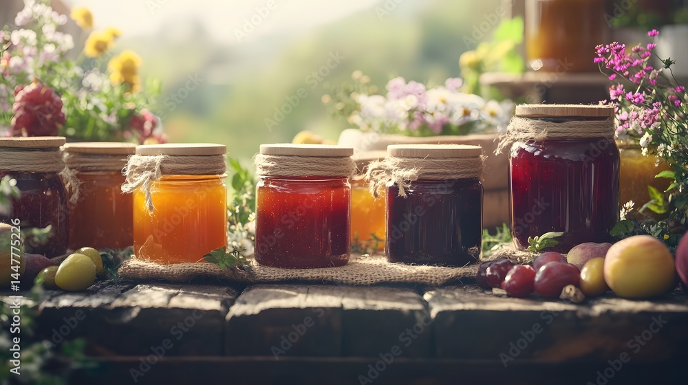 Poster close-up view of jars filled with homemade jams and fresh fruit displayed on a table for a colorful 