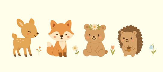 Collection of flat vector illustration with forest animals. Bear deer fox hedgehog wild boar. Cute children s illustrations on white background. little baby animals kawaii .