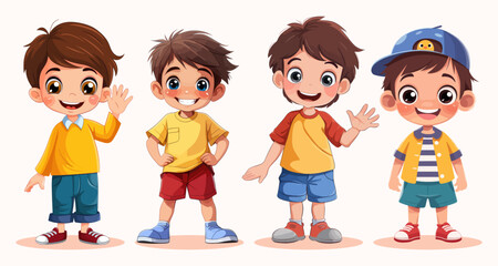 Cute little boys in different poses. Vector cartoon character illustration.