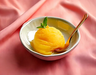 Refreshing mango sorbet dessert cozy kitchen food photography soft colors close-up sweetness