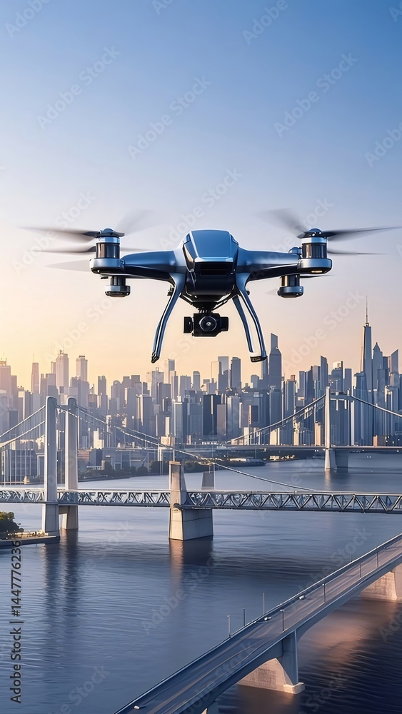 Aufkleber 都市上空を飛行する未来型ドローンと夕焼け時の橋と高層ビル群の美しい風景
