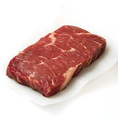 Obraz premium A succulent raw beef steak rests on parchment paper, ready for grilling or pan-sea, showcasing its rich marbling and deep red color.