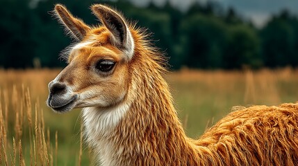 Brown llama gazes in a serene grassy field scene