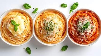 Three bowls of delicious spaghetti variations are presented with butter, cheese, and tomato sauce garnished with fresh basil leaves on a white