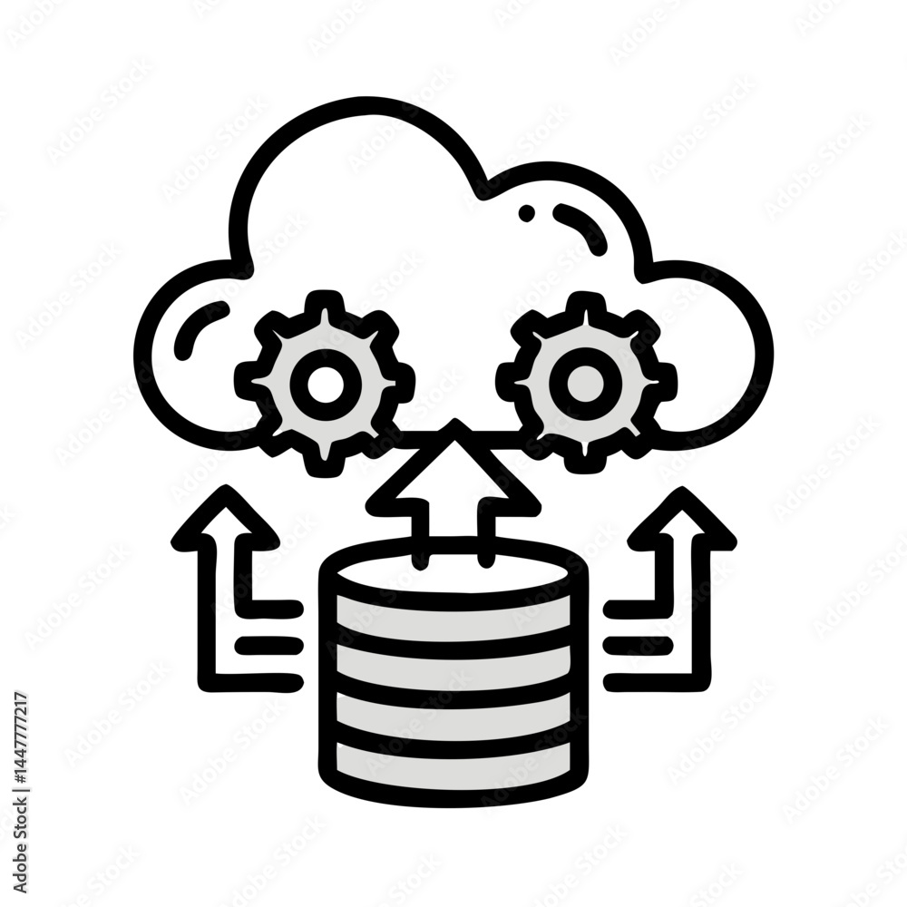 Aufkleber cloud database upload with gear representing cloud configuration and data management icon