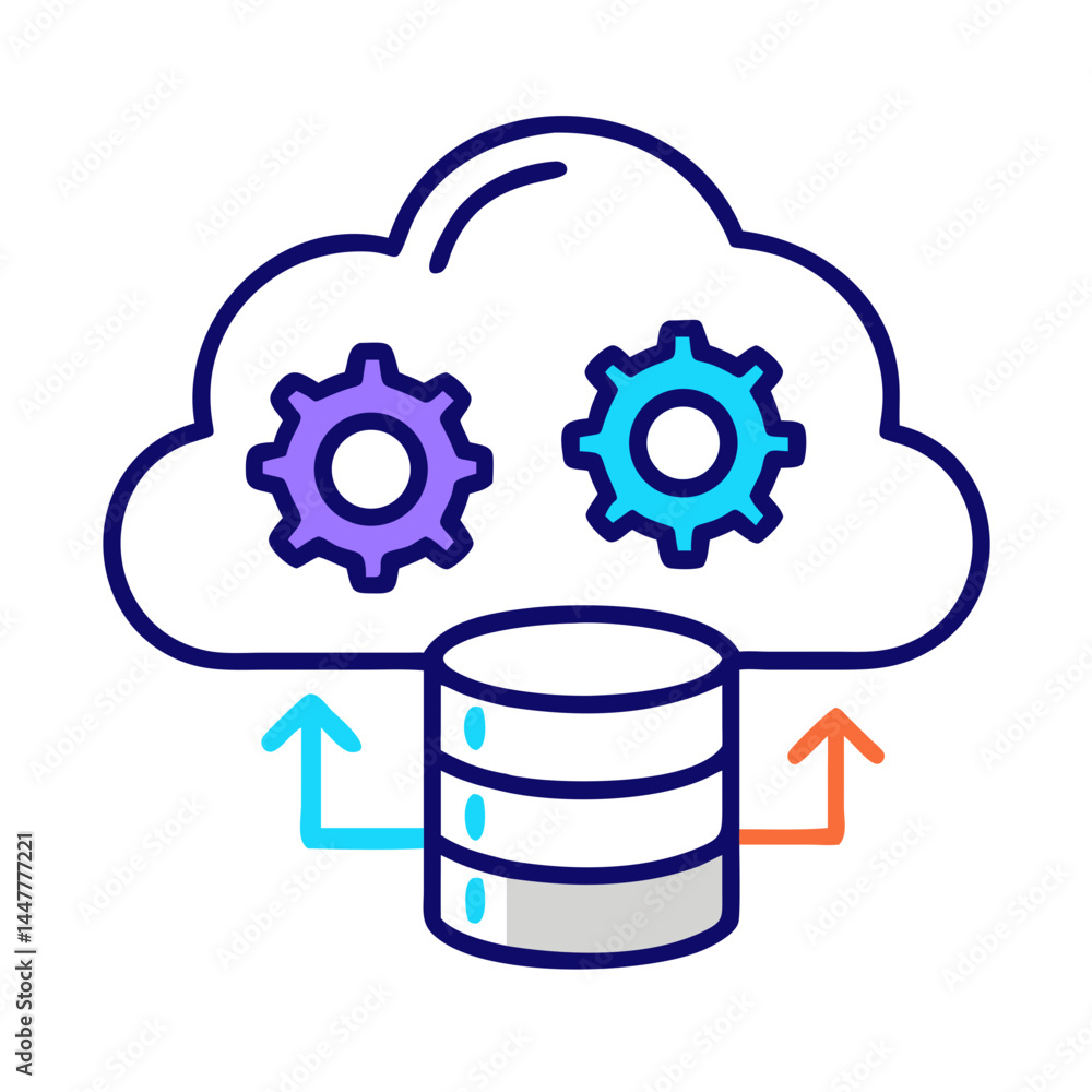 Aufkleber cloud database upload with gear representing cloud configuration and data management icon