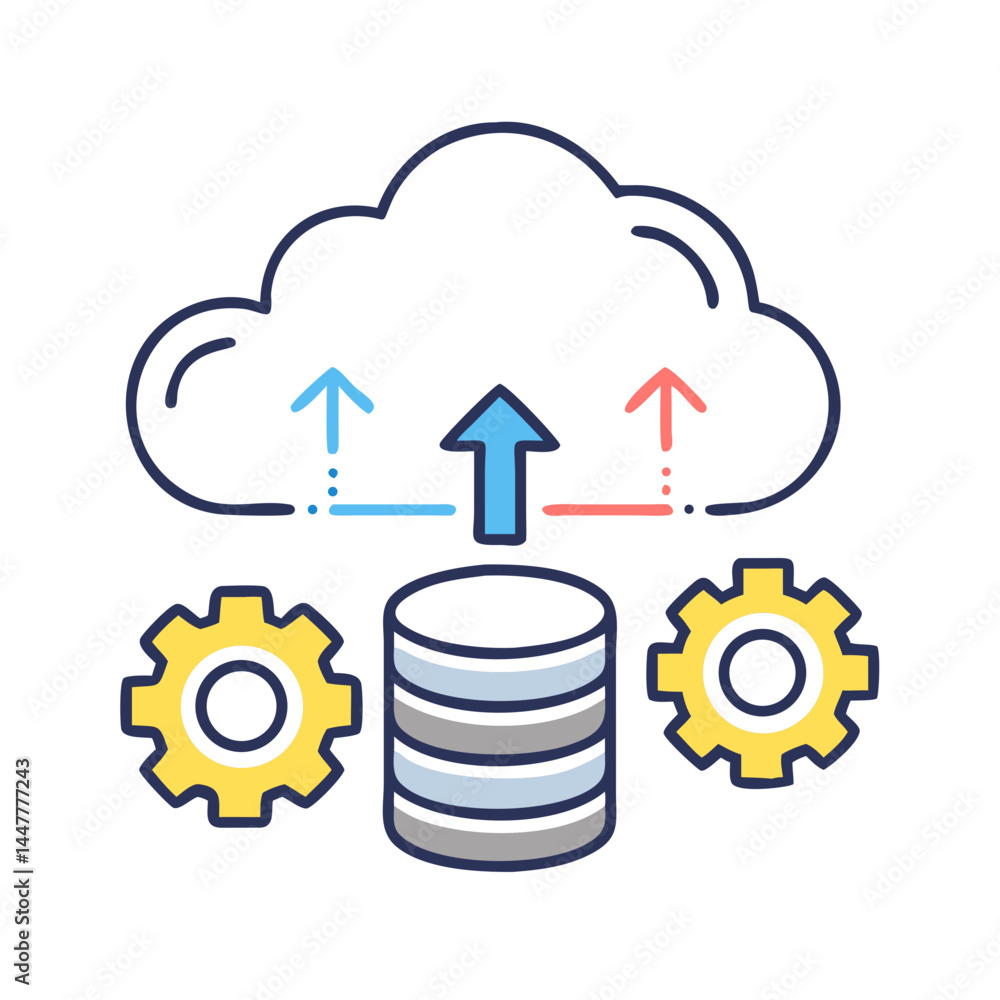 Aufkleber cloud database upload with gear representing cloud configuration and data management icon