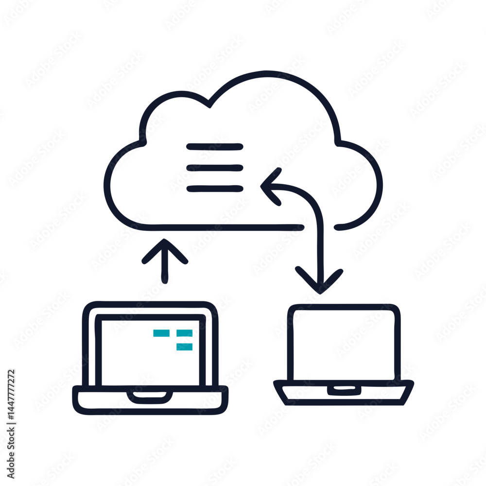 Poster Cloud Data Synchronization with Server and Laptop Icon Representing Real-Time Sync and Cross-Device Access