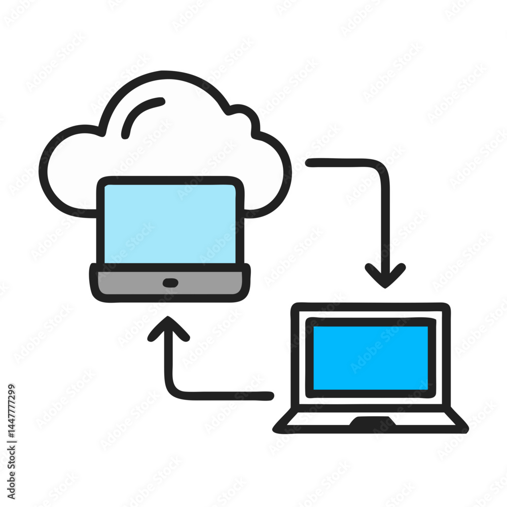 Fototapete Cloud Data Synchronization with Server and Laptop Icon Representing Real-Time Sync and Cross-Device Access