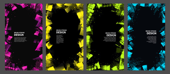 Vector illustration. Layered brush stroke paint frame with halftone dots and splashes. Hand drawn abstract frame on black color background. Design for vertical wallpapers, flyer, coupon, voucher