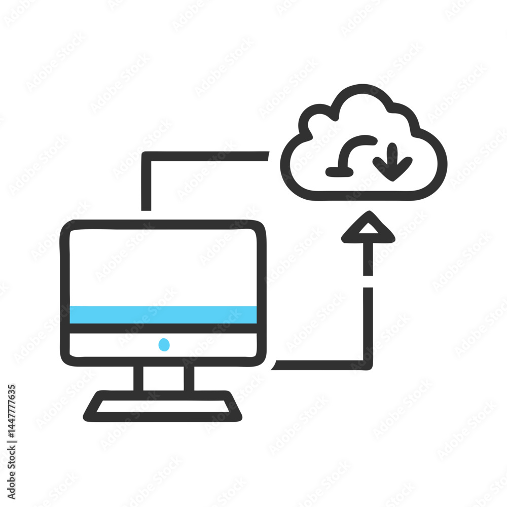 Aufkleber cloud storage and access from desktop computer icon representing online data retrieval and backup