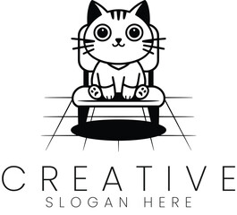 Adorable Cartoon Cat Sitting on Chair Simple Minimalist Design Illustration pet pet cute logo icon  