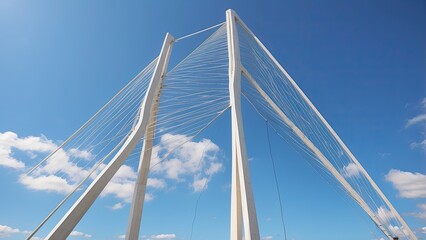 A low-angle view of a modern cable-stayed bridge,