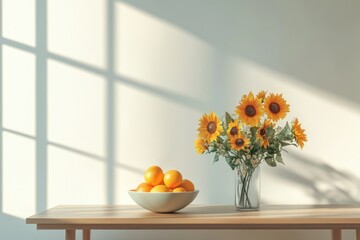 Sunflowers in a vase and oranges in a bowl on a wooden table bathed in sunlight.