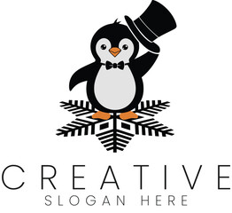 Charming Penguin in Top Hat on Snowflake Winter Logo Design art cute bird icon cool flat black white