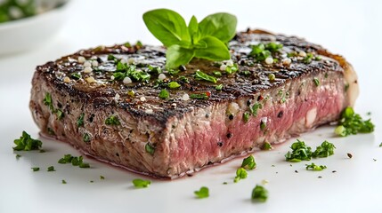 A perfectly seared ribeye steak rests on a white plate garnished with fresh basil and herbs creating a delicious culinary image.