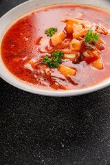 Soup vegetables red borscht first course vegetable dish fresh delicious gourmet food background on the table rustic food top view copy space keto and paleo diet vegetarian and vegan food