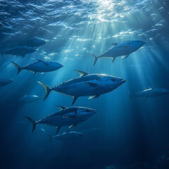Obraz premium A school of tuna swimming swiftly through the open ocean, with sunlight filtering down