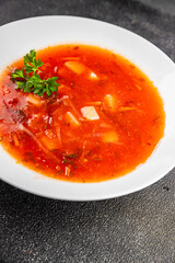 Soup vegetables red borscht first course vegetable dish fresh delicious gourmet food background on the table rustic food top view copy space keto and paleo diet vegetarian and vegan food
