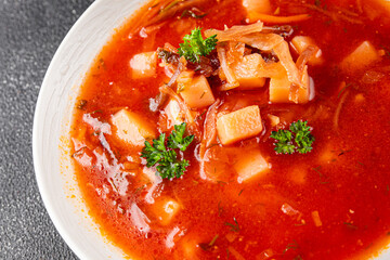 Soup vegetables red borscht first course vegetable dish fresh delicious gourmet food background on the table rustic food top view copy space keto and paleo diet vegetarian and vegan food