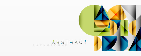 Geometric shapes overlap, creating vibrant abstract composition. Colors include green, blue, orange, yellow. Modern design element.