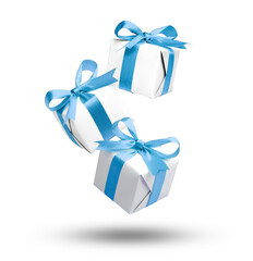 Presents flying on white background