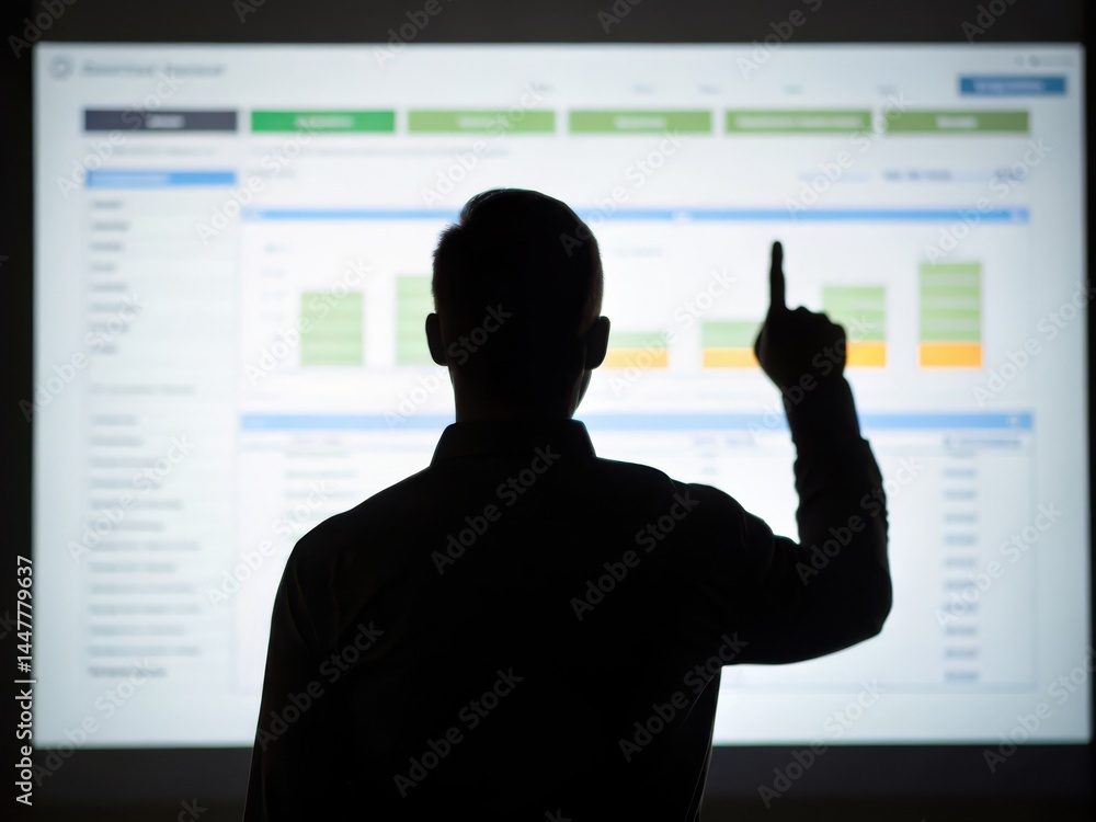 Poster imports and regulation influence trade agreements concept. person pointing at a large screen display