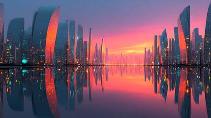 Fototapeta premium Cityscape reflects in water. Dusk sky, orange light