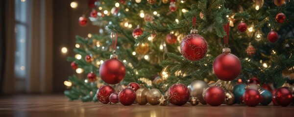 Ornate Christmas tree, vibrant baubles, soft bokeh lights ,  decoration, christmas tree