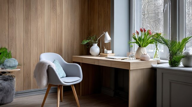 Minimalist home office with wooden wall and natural light, embodying modern simplicity and productivity.
