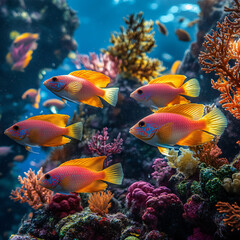 Fototapeta premium A school of colorful anthias fish darting around a vibrant coral reef