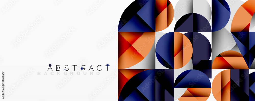 Poster Geometric shapes create vibrant abstract background. Blue, orange, gray tones dominate composition. Modern design element.