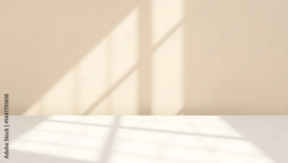 Poster sunlit minimalist background blank table with window shadow overlay