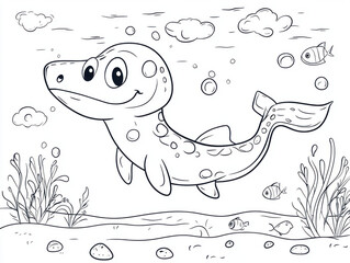 Obraz premium A charming line art illustration in a coloring book style depicting a cute, cartoon plesiosaur-like sea creature 
