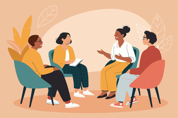 A vector illustration depicting a calm and supportive group therapy session, showcasing diverse individuals engaged in a peaceful discussion. Focus on a sense of comfort and understanding.