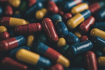 medicine capsules in vibrant colors of red, yellow, blue, and pink for pharmaceutical healthcare and macro treatment display