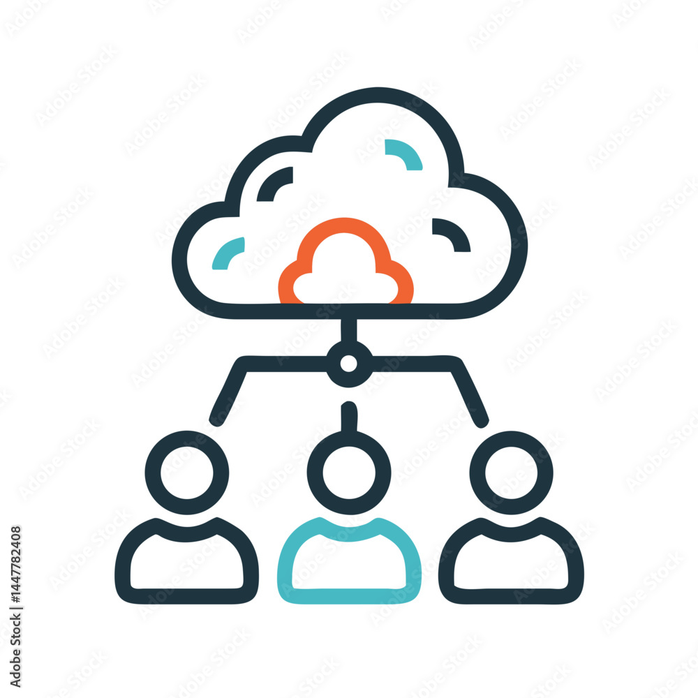 Poster team under cloud icon representing collaborative network and cloud-based cooperation