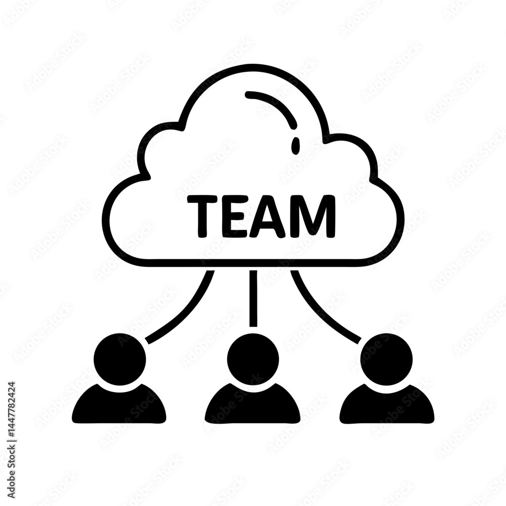 Poster team under cloud icon representing collaborative network and cloud-based cooperation