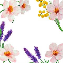 Watercolor floral frame with lavender, mimosa and pink flowers on white background, perfect for cards, invitations and design.