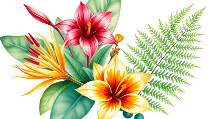 Fototapeta premium Watercolor tropical flowers bouquet of linear etlingera, gold heliconia and fern. Hand painted floral poster isolated on white background. Holiday Illustration for design, print, fabric or background.