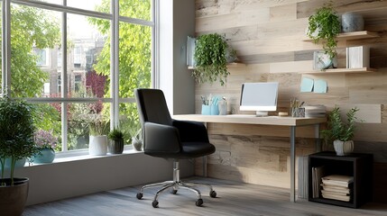 Minimalist home office with wooden wall and natural light, embodying modern simplicity and productivity.
