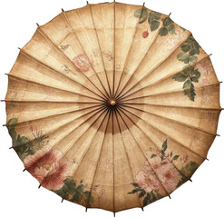 A beautifully crafted decorative umbrella displays intricate floral designs and a vintage appeal